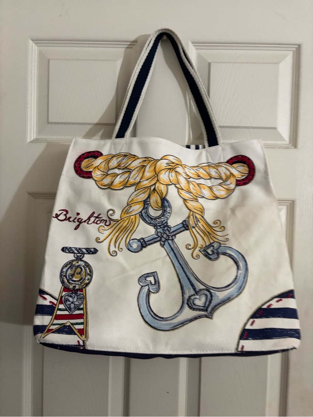 Brighton White Canvas Nautical Anchor Tote with Gold Rope